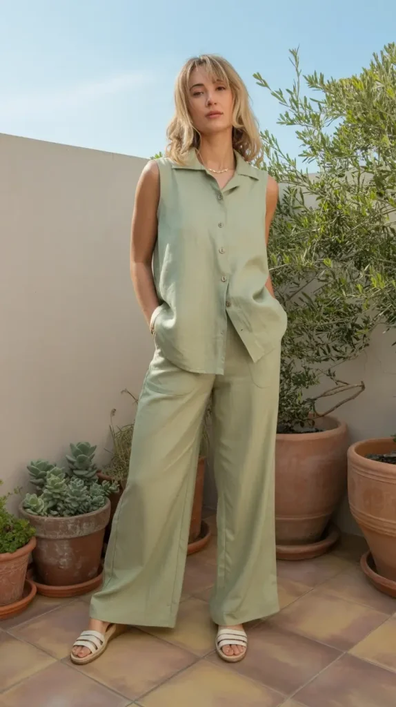 Matching-Linen-Co-Ord-Set-In-Sage-Green Matching Linen Co-Ord Set In Sage Green