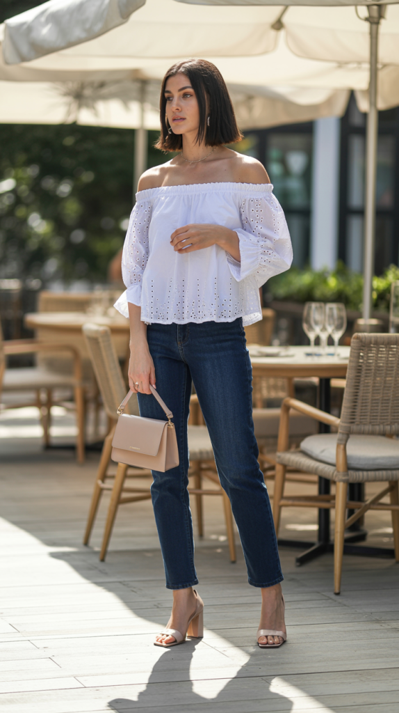 Off-Shoulder-White-Blouse-with-Jeans Off-Shoulder White Blouse with Jeans