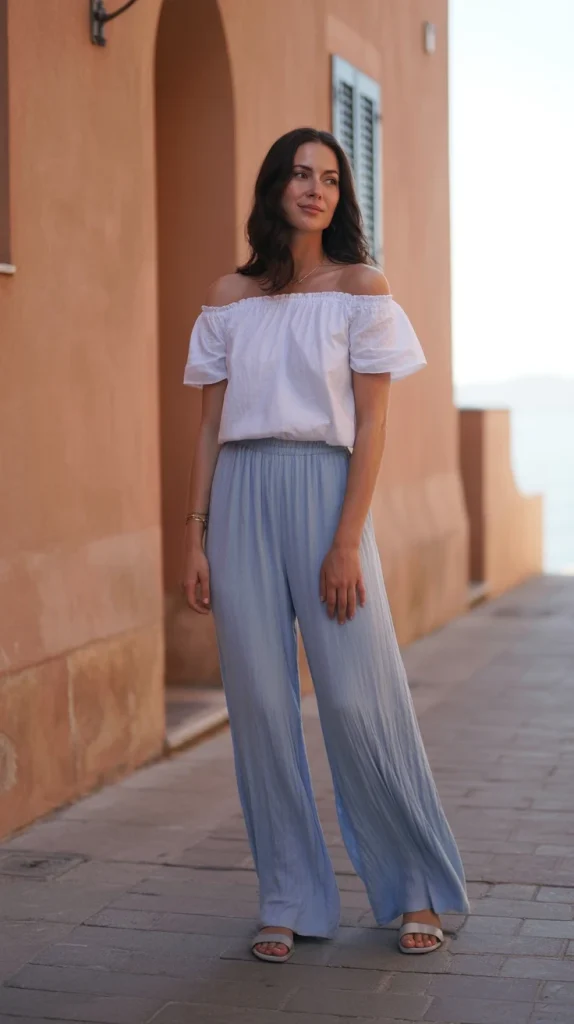 Off-Shoulder-White-Top-With-Pale-Blue-Linen-Pants Off-Shoulder White Top With Pale Blue Linen Pants