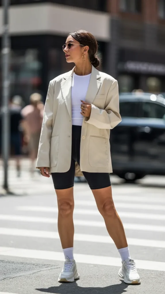 Oversized-Cream-Blazer-With-White-Top-With-Shorts Oversized Cream Blazer With White Top With Shorts
