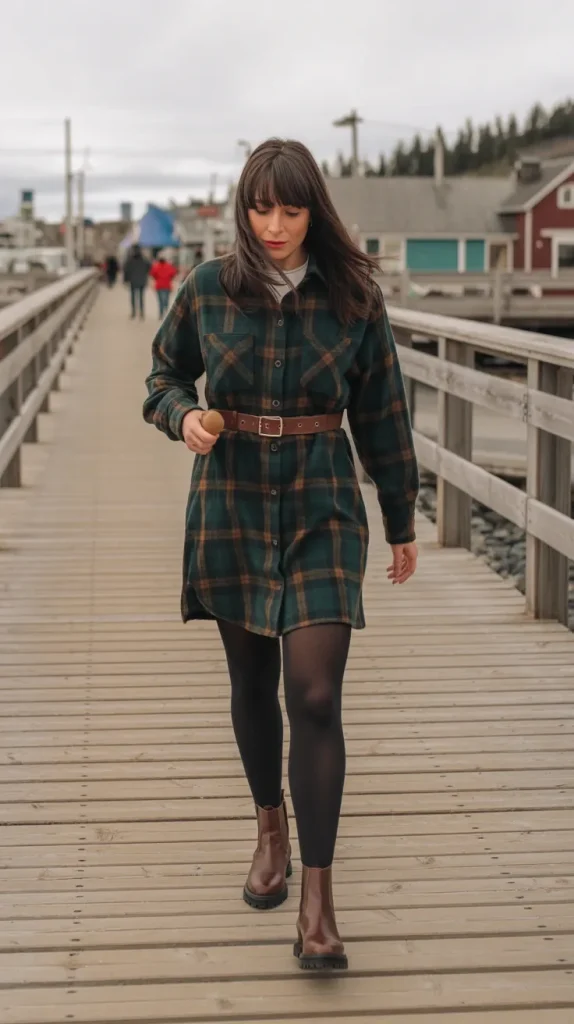 Oversized-Plaid-Shirt-Dress-with-Thermal-Tights-and-Chelsea-Boots Oversized Plaid Shirt Dress with Thermal Tights and Chelsea Boots