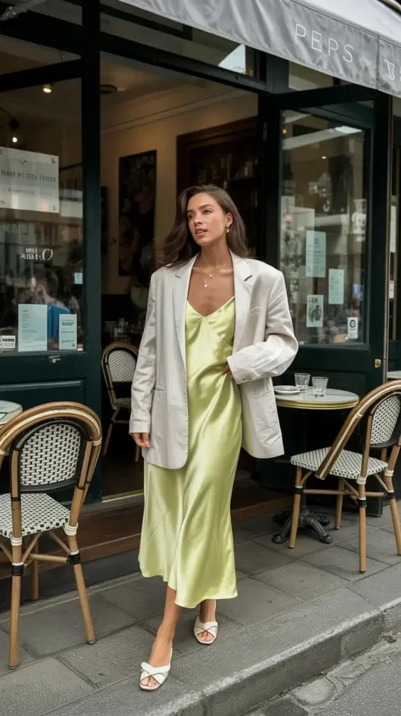 Pale-Yellow-Satin-Slip-Dress-With-Oversized-Blazer Pale Yellow Satin Slip Dress With Oversized Blazer