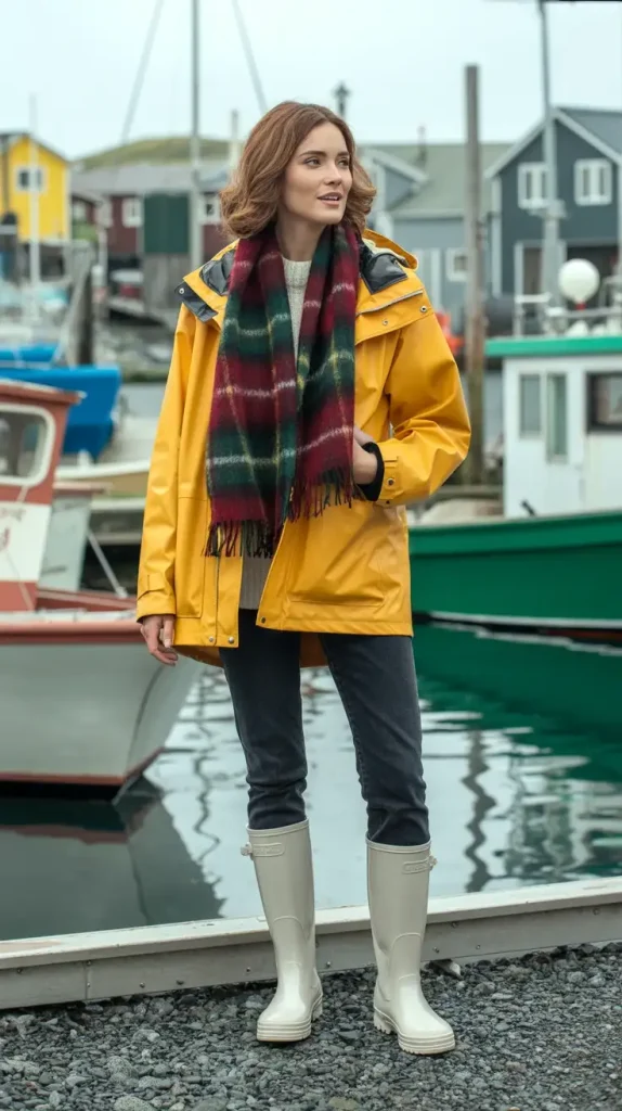 Rain-Jacket-Over-a-Plaid-Wool-Scarf-and-Slim-Jeans Rain Jacket Over a Plaid Wool Scarf and Slim Jeans