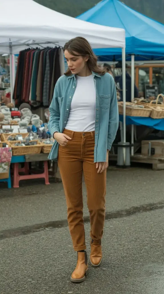 Thermal-Long-Sleeve-Under-a-Denim-Shirt-Paired-with-Cord-Pants Thermal Long-Sleeve Under a Denim Shirt, Paired with Cord Pants