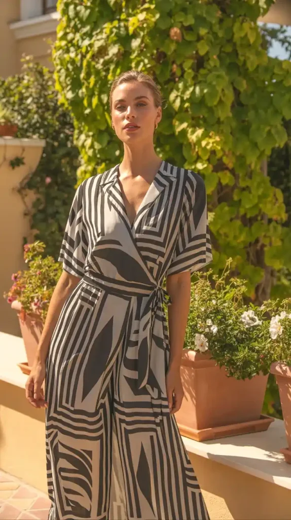 V-Neck-Black-Wrap-Dress-in-a-Geometric-Print V-Neck Black Wrap Dress in a Geometric Print