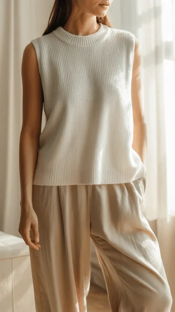White-Knit-Top-With-Beige-Pants White Knit Top With Beige Pants