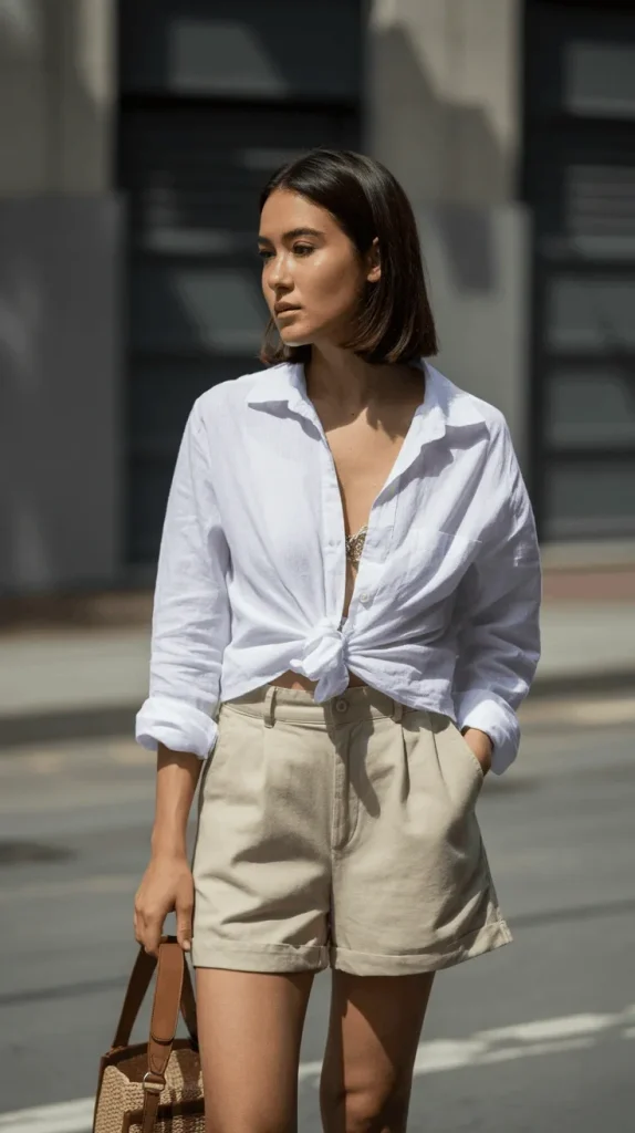 White-Linen-Shirt-With-Beige-Shorts White Linen Shirt With Beige Shorts