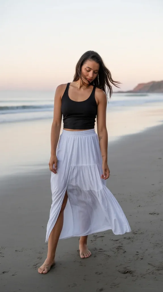 White-Maxi-Skirt-With-a-Black-Fitted-Tank-Top White Maxi Skirt With a Black Fitted Tank Top