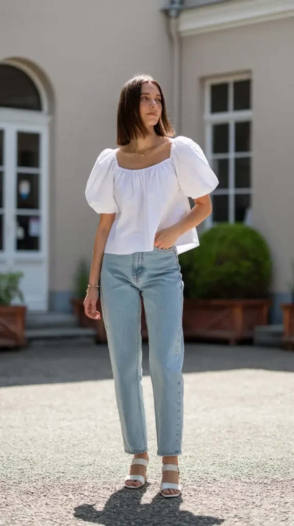 White Puff-Sleeve Blouse With Straight-Leg Jeans