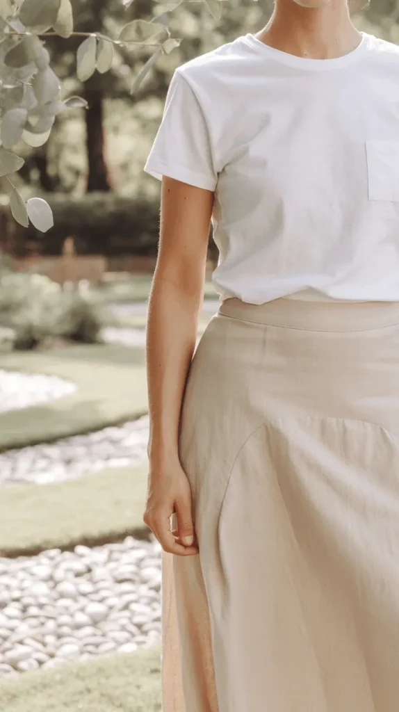 White-T-Shirt-With-Linen-Skirt White T-Shirt With Linen Skirt