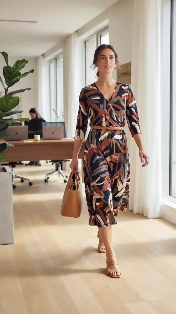 Abstract-Print-Midi-Dress-With-a-Belted-Waist Abstract Print Midi Dress With a Belted Waist