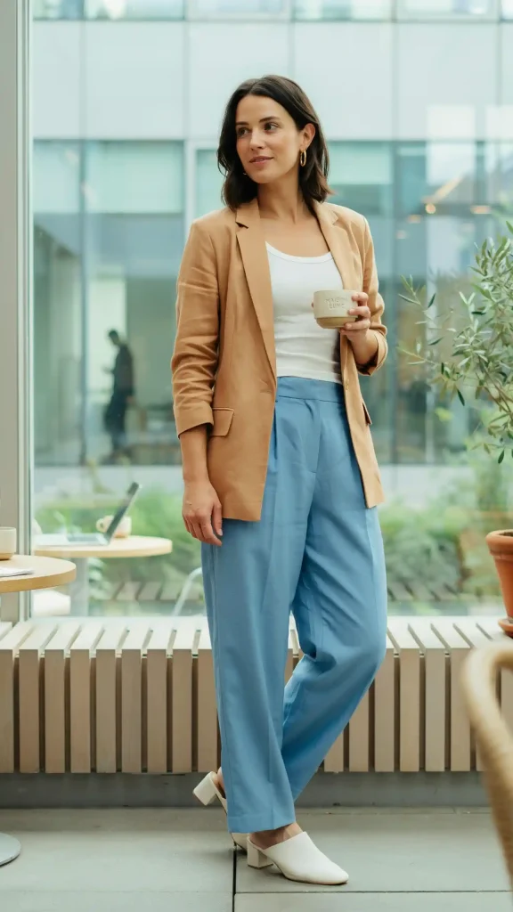 Aqua-Blue-Linen-Wide-Leg-Trousers-With-a-White-Fitted-Tank Aqua Blue Linen Wide-Leg Trousers With a White Fitted Tank