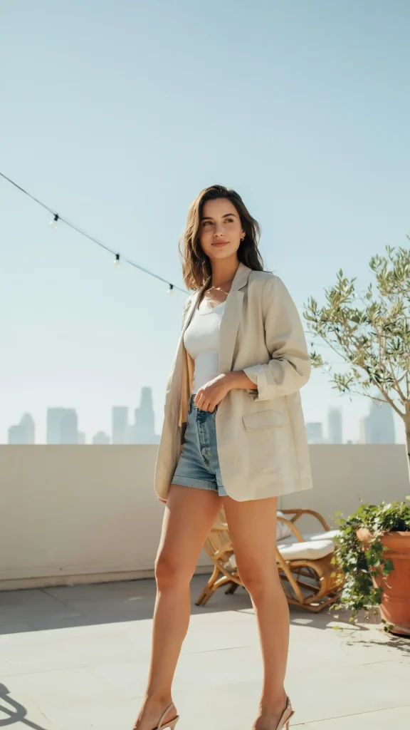 Beige Blazer Chic Denim Shorts Outfit