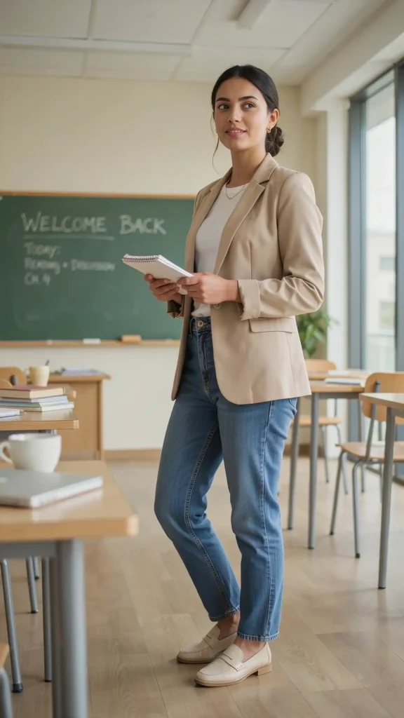 Beige-Blazer-Straight-Jeans-Outfit Beige Blazer Straight Jeans Outfit