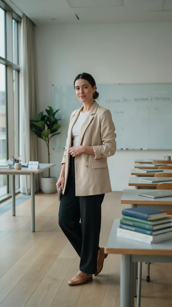 Beige-Blazer-Wide-Pants-Teacher-Outfit Beige Blazer Wide Pants Teacher Outfit