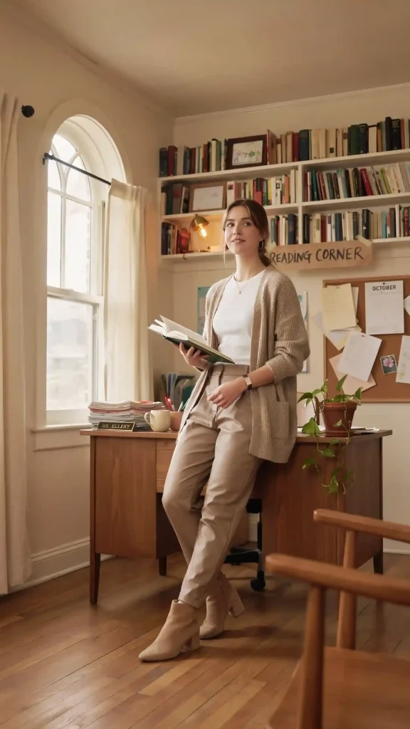 Beige-Cardigan-Neutral-Pants-Teacher-Look Beige Cardigan Neutral Pants Teacher Look