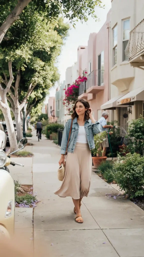 Beige-Flowy-Midi-Skirt-With-A-Cropped-Denim-Jacket Beige Flowy Midi Skirt With A Cropped Denim Jacket