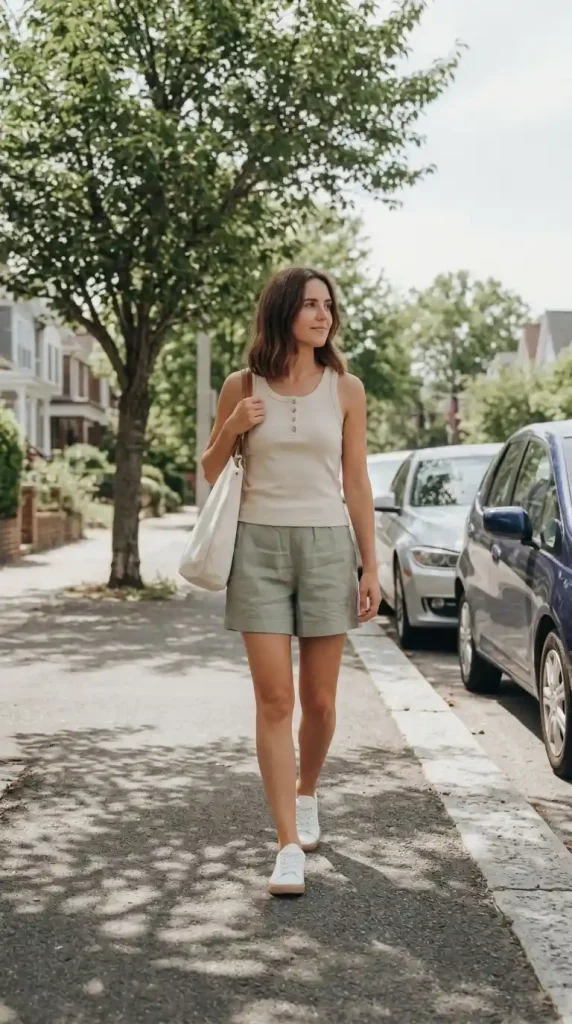 Beige-Henley-Tank-Top-with-Sage-Green-Linen-Shorts Beige Henley Tank Top with Sage Green Linen Shorts