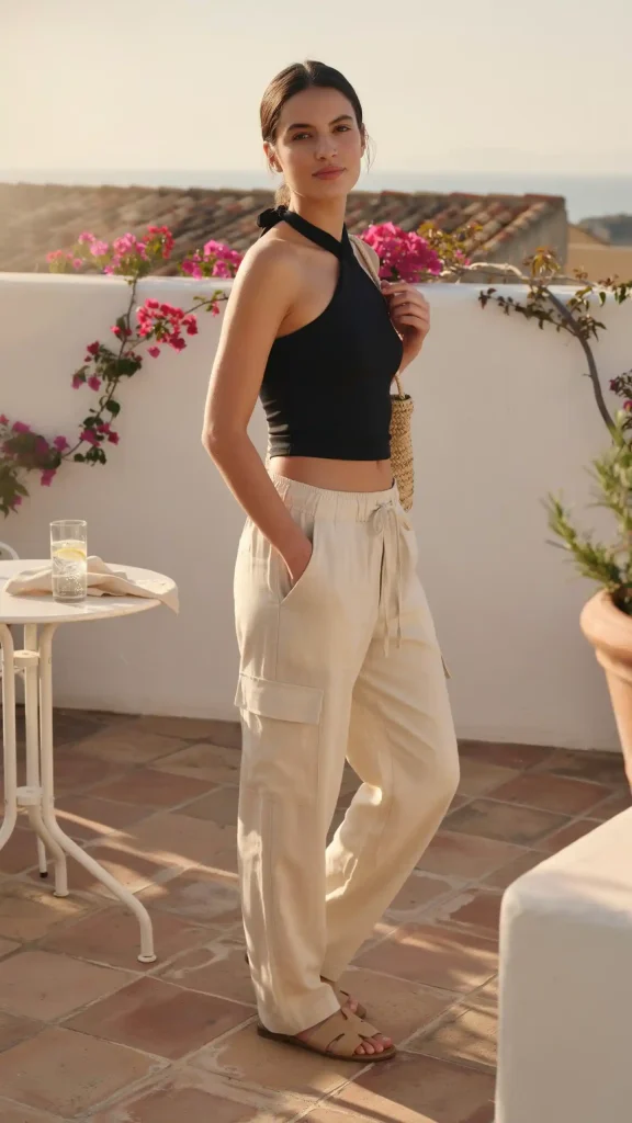 Beige-Linen-Cargo-Pants-With-Black-Halter-Crop-Top-Look Beige Linen Cargo Pants With Black Halter Crop Top Look