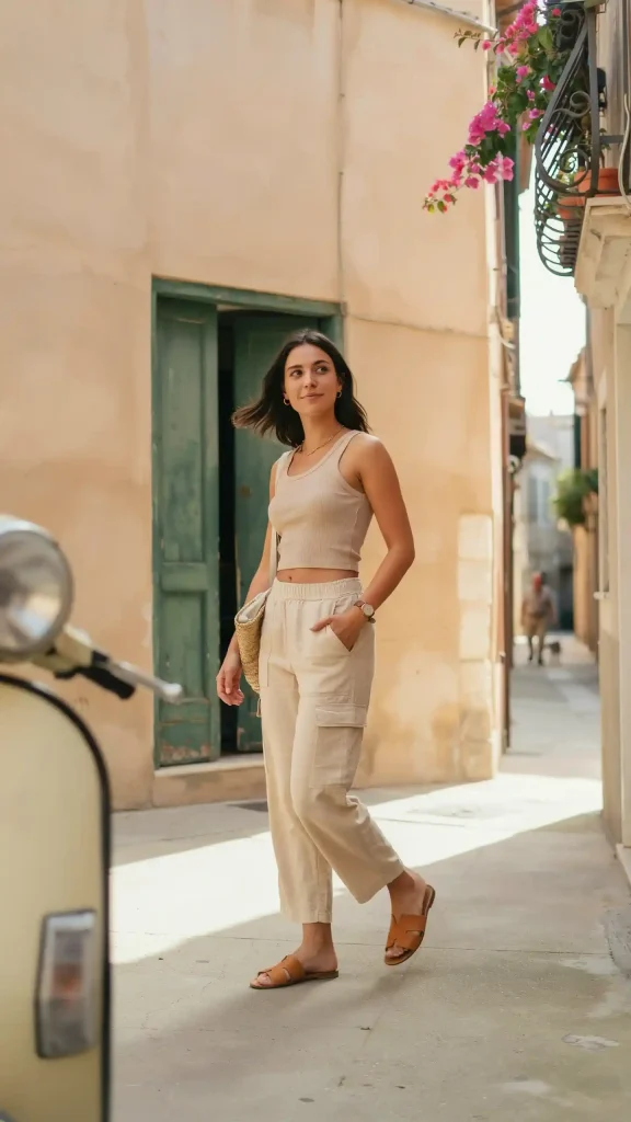 Beige-Linen-Cargo-Pants-With-Matching-Cropped-Ribbed-Tank-Top Beige Linen Cargo Pants With Matching Cropped Ribbed Tank Top