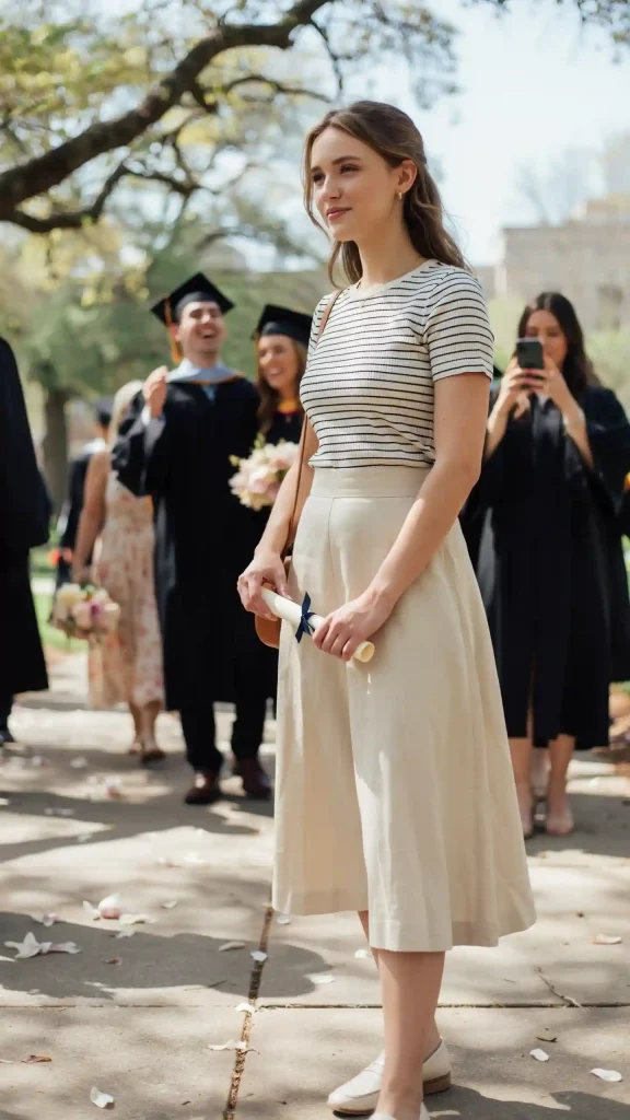 Beige-Linen-Midi-Skirt-With-Striped-Top-Chic-Style Beige Linen Midi Skirt With Striped Top Chic Style