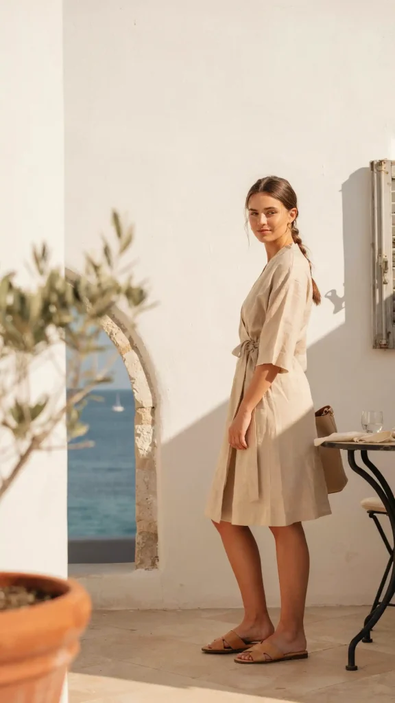 Beige-Linen-Wrap-Dress-with-Tan-Sandals-and-Tote-Bag Beige Linen Wrap Dress with Tan Sandals and Tote Bag