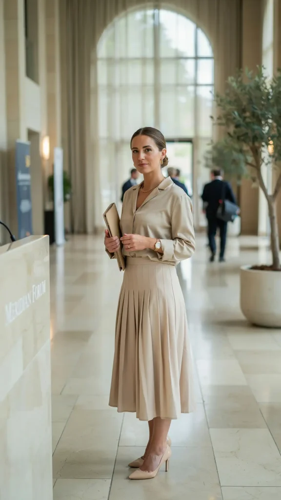 Beige-Pleated-Midi-Skirt-With-Champagne-Silk-Blouse Beige Pleated Midi Skirt With Champagne Silk Blouse