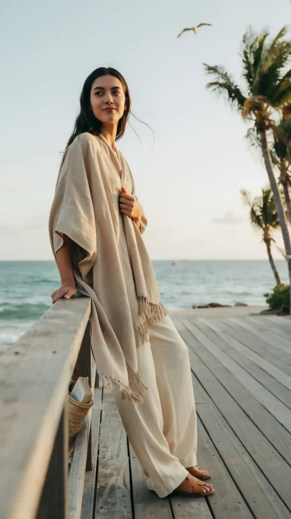Beige-Poncho-Paired-with-Linen-Trousers-and-Beach-Slides Beige Poncho Paired with Linen Trousers and Beach Slides
