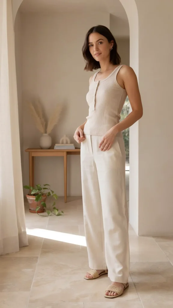 Beige-Ribbed-Button-Tank-Top-with-Linen-Pants-Outfit Beige Ribbed Button Tank Top with Linen Pants Outfit