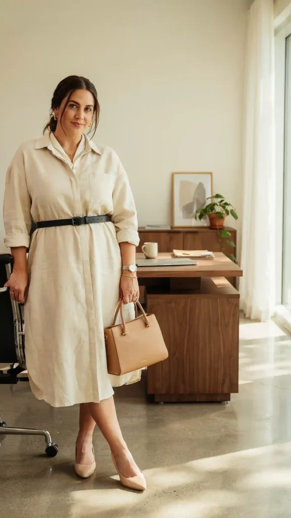 Beige Shirt Dress With Slim Leather Belt For Plus Size Woman