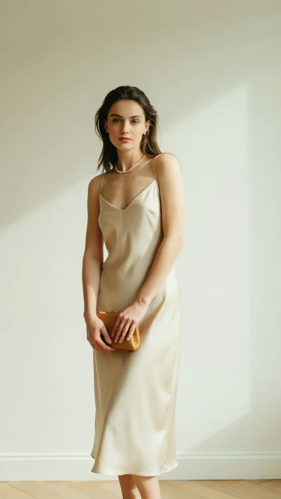 Beige-Silk-Slip-Dress-With-Pearl-Accessories-Chic Beige Silk Slip Dress With Pearl Accessories Chic