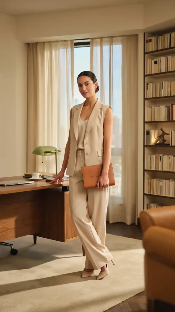 Beige-Sleeveless-Vest-Trousers-Set-Light-Formal-Summer-Workwear-Look Beige Sleeveless Vest Trousers Set Light Formal Summer Workwear Look