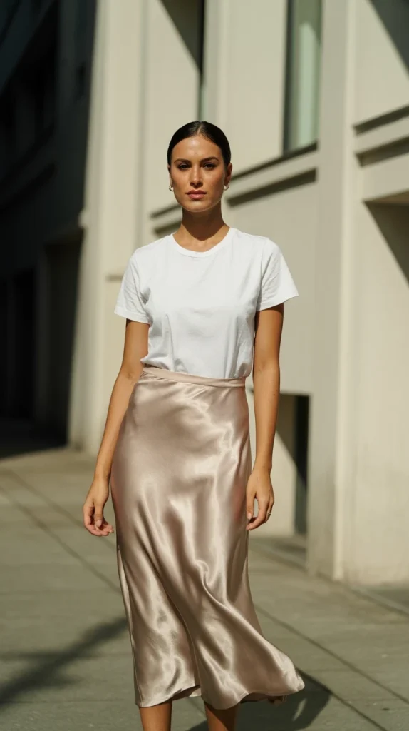 Beige Slip Skirt with White Tee