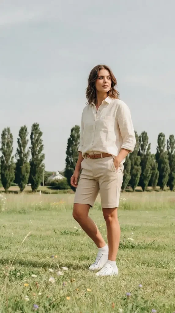 Beige-Tailored-Shorts-With-Oversized-Linen-Button-Shirt Beige Tailored Shorts With Oversized Linen Button Shirt
