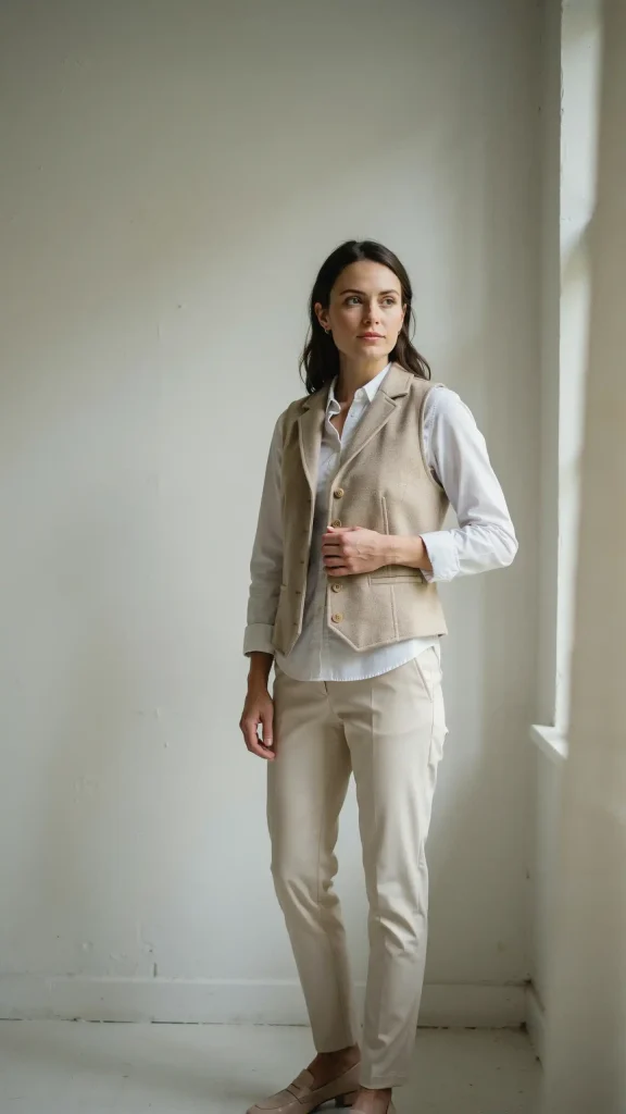 Beige-Waistcoat-Over-White-Shirt-With-Straight-Fit-Trousers Beige Waistcoat Over White Shirt With Straight Fit Trousers