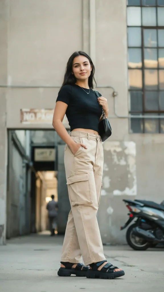 Beige-Wide-Leg-Cargo-Pants-With-Black-Ribbed-Crop-Tee Beige Wide-Leg Cargo Pants With Black Ribbed Crop Tee