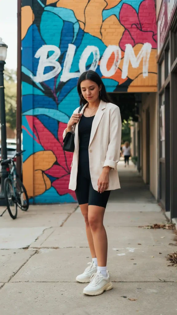 Black-Bike-Shorts-With-Oversize-Ivory-Blazer Black Bike Shorts With Oversize Ivory Blazer