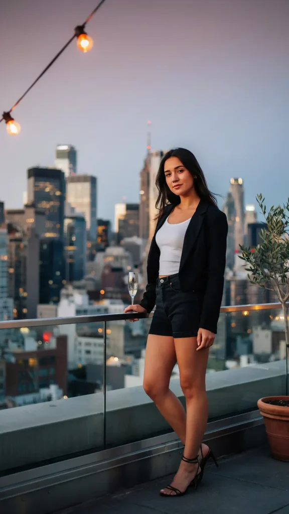 Black-Blazer-Chic-Rooftop-Summer-Outfit Black Blazer Chic Rooftop Summer Outfit