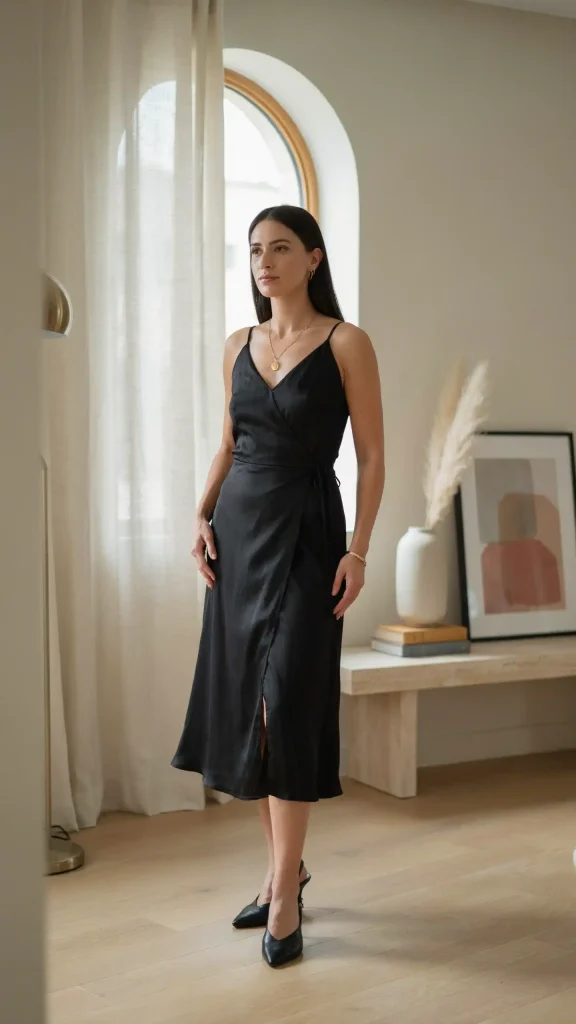 Black-Chiffon-Wrap-Dress-with-Gold-Minimal-Jewelry-Style Black Chiffon Wrap Dress with Gold Minimal Jewelry Style