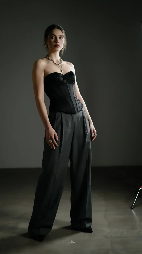 Black-Corset-Top-with-Charcoal-Wide-Leg-Trousers-and-Silver-Jewelry Black Corset Top with Charcoal Wide-Leg Trousers and Silver Jewelry