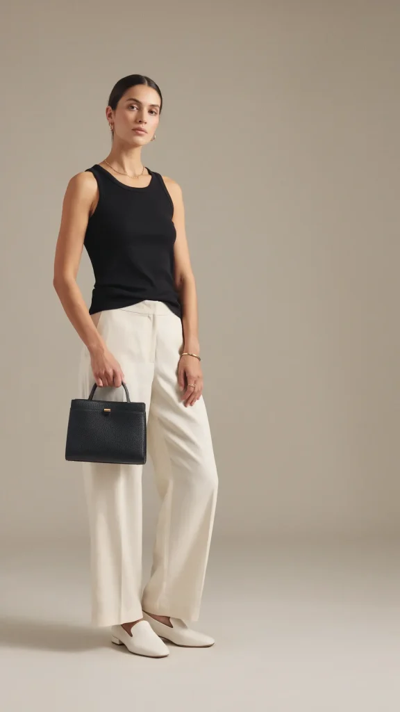 Black-Fitted-Tank-Top-with-Cream-Linen-Palazzo-Pants Black Fitted Tank Top with Cream Linen Palazzo Pants