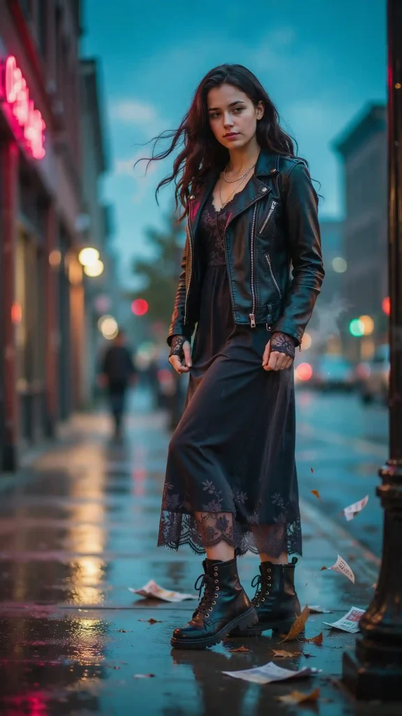 Black-Leather-Jacket-with-Dark-Gray-Maxi-Dress-and-Combat-Boots Black Leather Jacket with Dark Gray Maxi Dress and Combat Boots