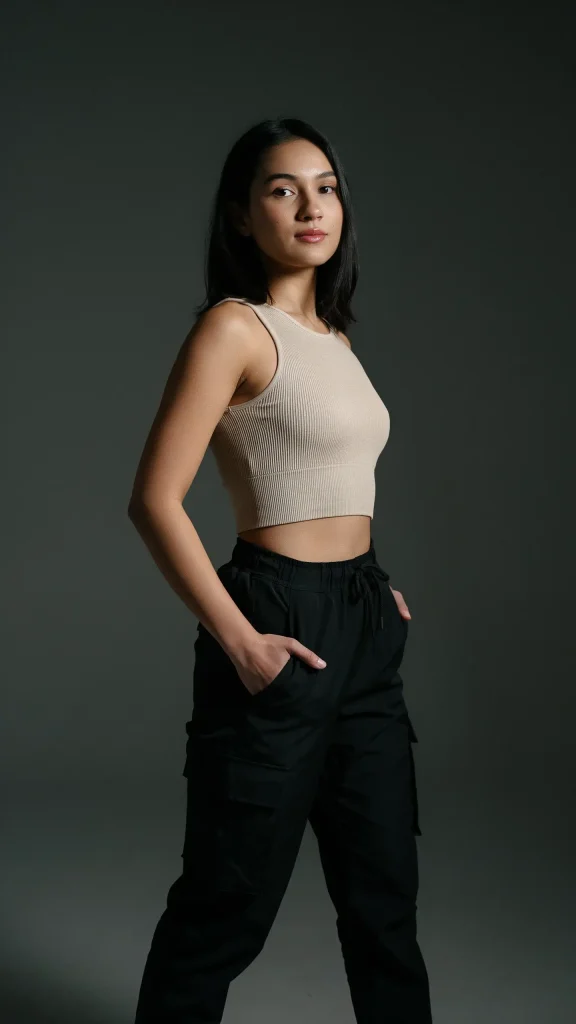 Black-Lightweight-Cargo-Pants-With-Beige-Fitted-Crop-Tank Black Lightweight Cargo Pants With Beige Fitted Crop Tank