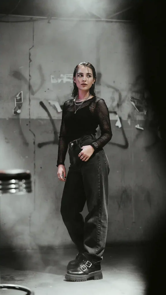 Black-Mesh-Top-with-Dark-Wash-Wide-Leg-Jeans-and-Chunky-Black-Boots Black Mesh Top with Dark Wash Wide-Leg Jeans and Chunky Black Boots