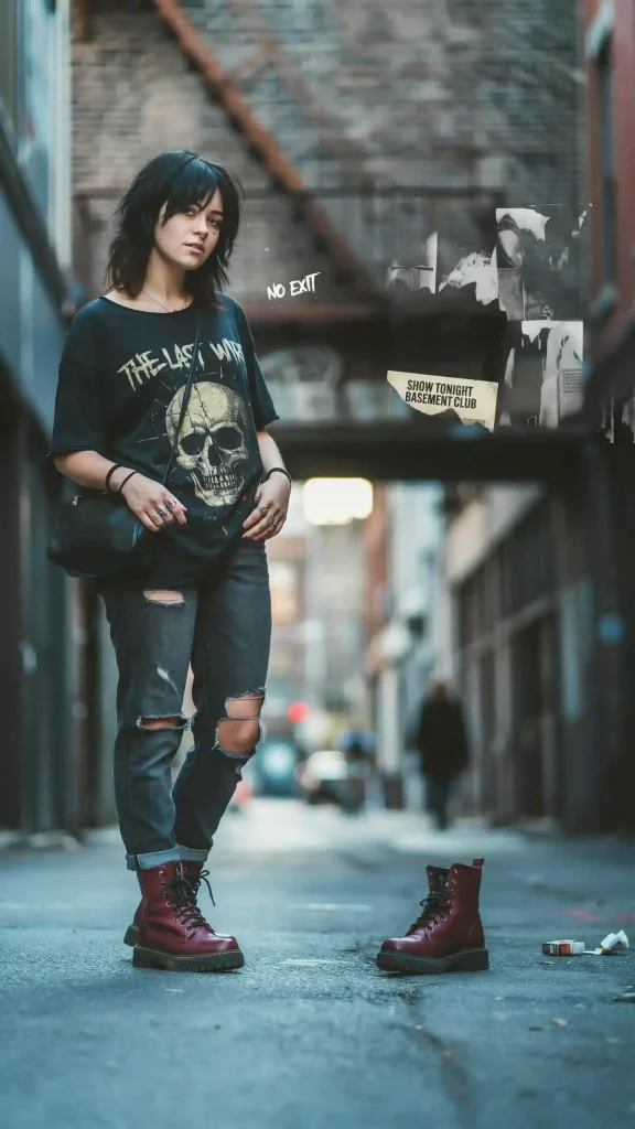 Black-Oversized-Band-Tee-with-Dark-Gray-Ripped-Jeans-and-Burgundy-Combat-Boots Black Oversized Band Tee with Dark Gray Ripped Jeans and Burgundy Combat Boots