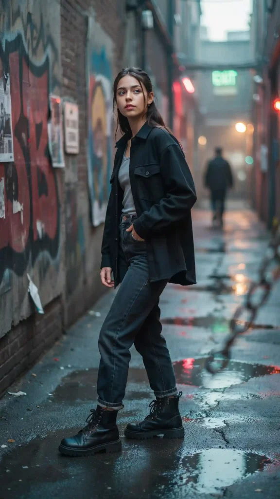 Black-Oversized-Flannel-Shirt-with-Dark-Blue-Straight-Leg-Jeans-and-Chunky-Boots Black Oversized Flannel Shirt with Dark Blue Straight-Leg Jeans and Chunky Boots