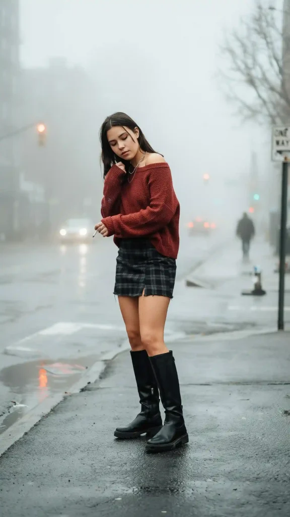 Black-Plaid-Mini-Skirt-with-Deep-Red-Sweater-and-Knee-High-Boots Black Plaid Mini Skirt with Deep Red Sweater and Knee-High Boots