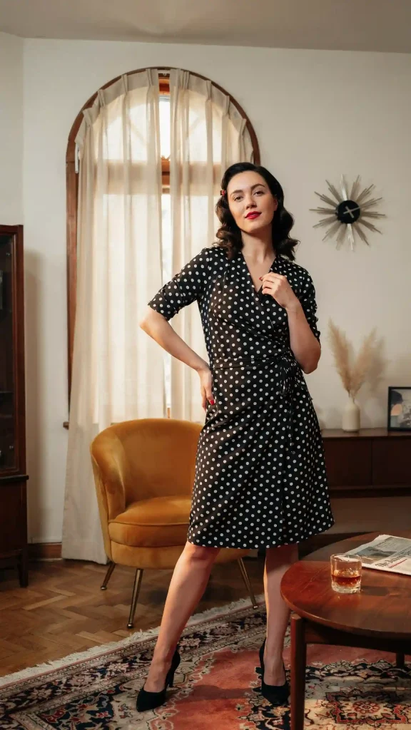 Black-Polka-Dot-Wrap-Dress-with-Red-Lipstick-Vintage-Style Black Polka Dot Wrap Dress with Red Lipstick Vintage Style