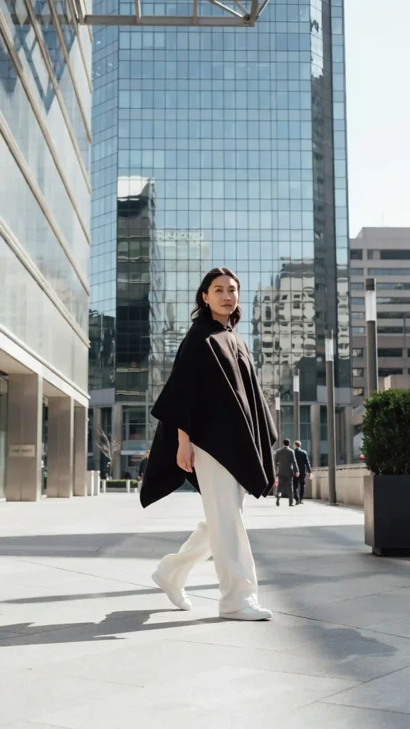 Black Poncho Styled with Wide Leg Pants and Sneakers