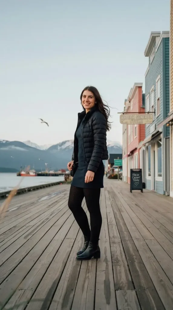 Black-Quilted-Jacket-With-Light-Summer-Navy-Mini-Dress-With-Black-Tights Black Quilted Jacket With Light Summer Navy Mini Dress With Black Tights
